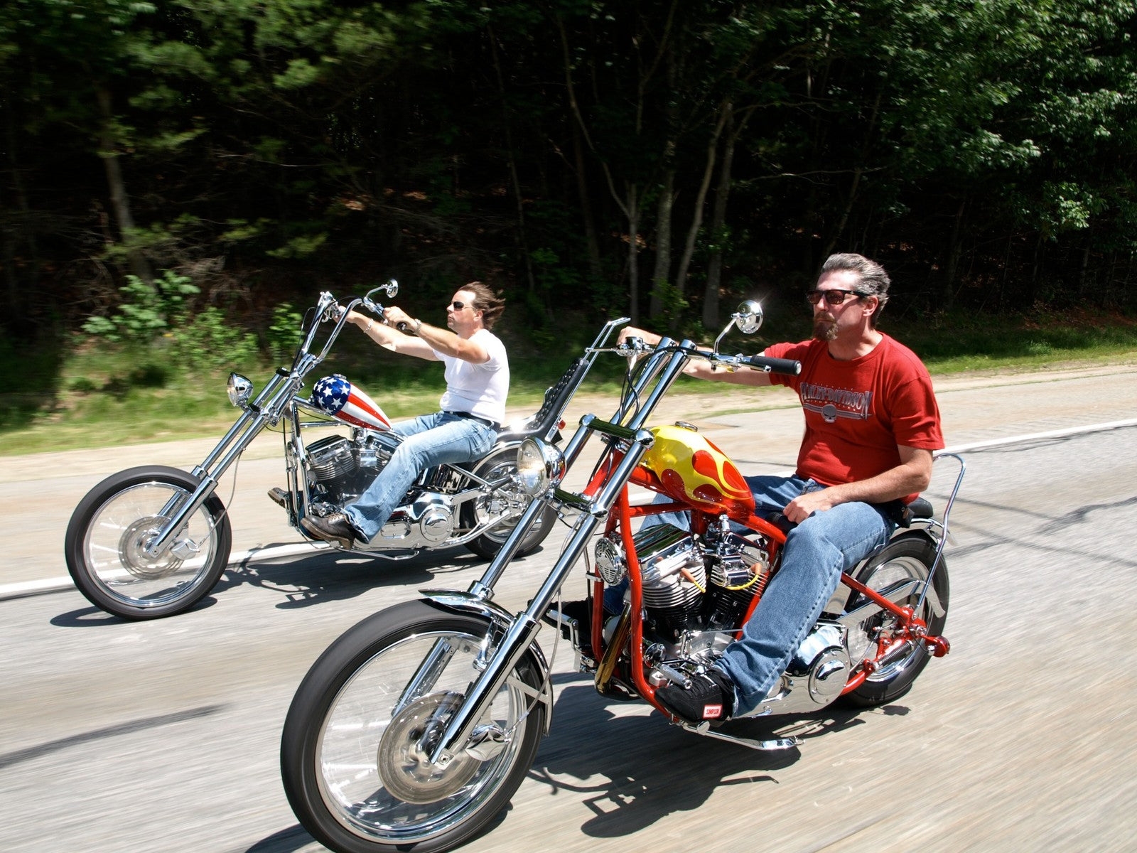 Easy Rider Captain America and Billy motorcycles riding together on the road