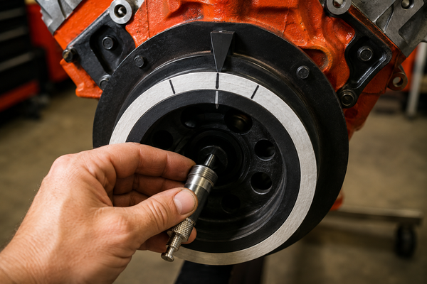 Close-up of harmonic balancer and timing marks for finding true TDC.