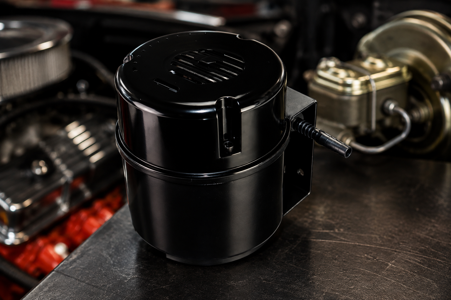 LEED Brakes Black Bandit electric vacuum pump for power brake booster on a classic car.