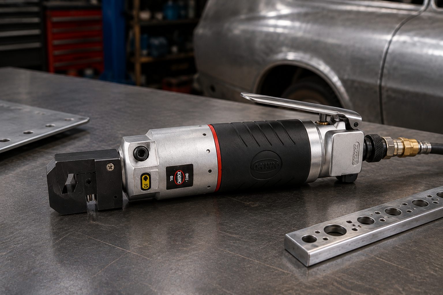 `Astro 605ST pneumatic punch and flange tool on a workbench for automotive sheet metal repair and plug welding`