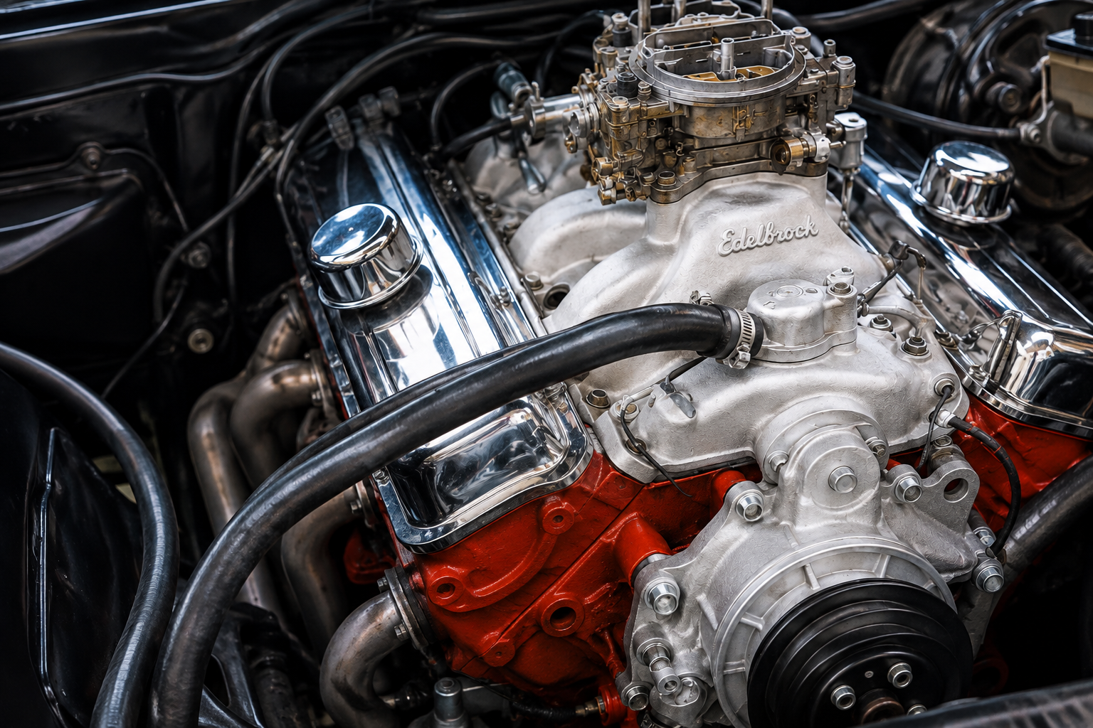 1966 Chevrolet Impala engine with clear-coated aluminum intake manifold and water pump showing the finish after 27 years.