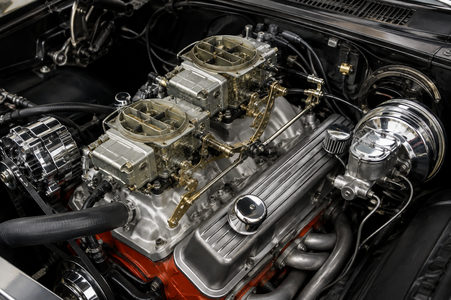 Dual-quad carburetor setup with progressive throttle linkage on a classic V8 engine, showing two four-barrel carburetors and mechanical linkage.