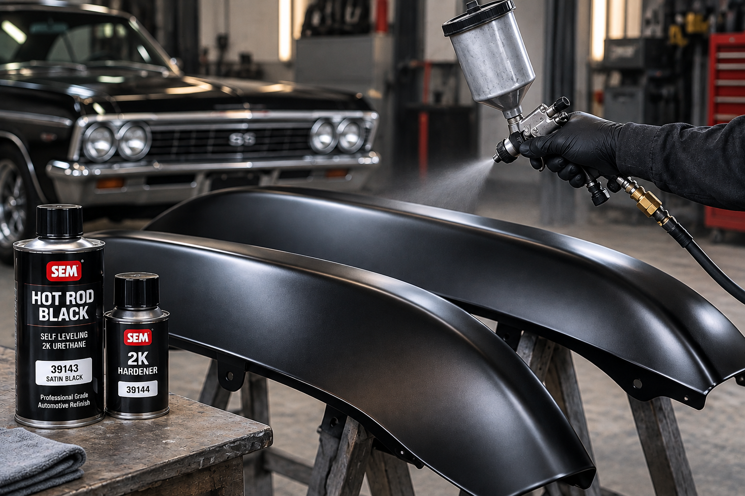 “SEM Hot Rod Black 2K satin black paint being sprayed on classic car body panels during an automotive restoration.”