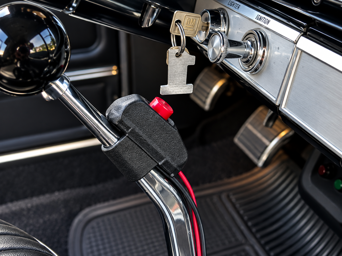 Line lock button mounted on the shifter in a 1966 Chevrolet Impala SS