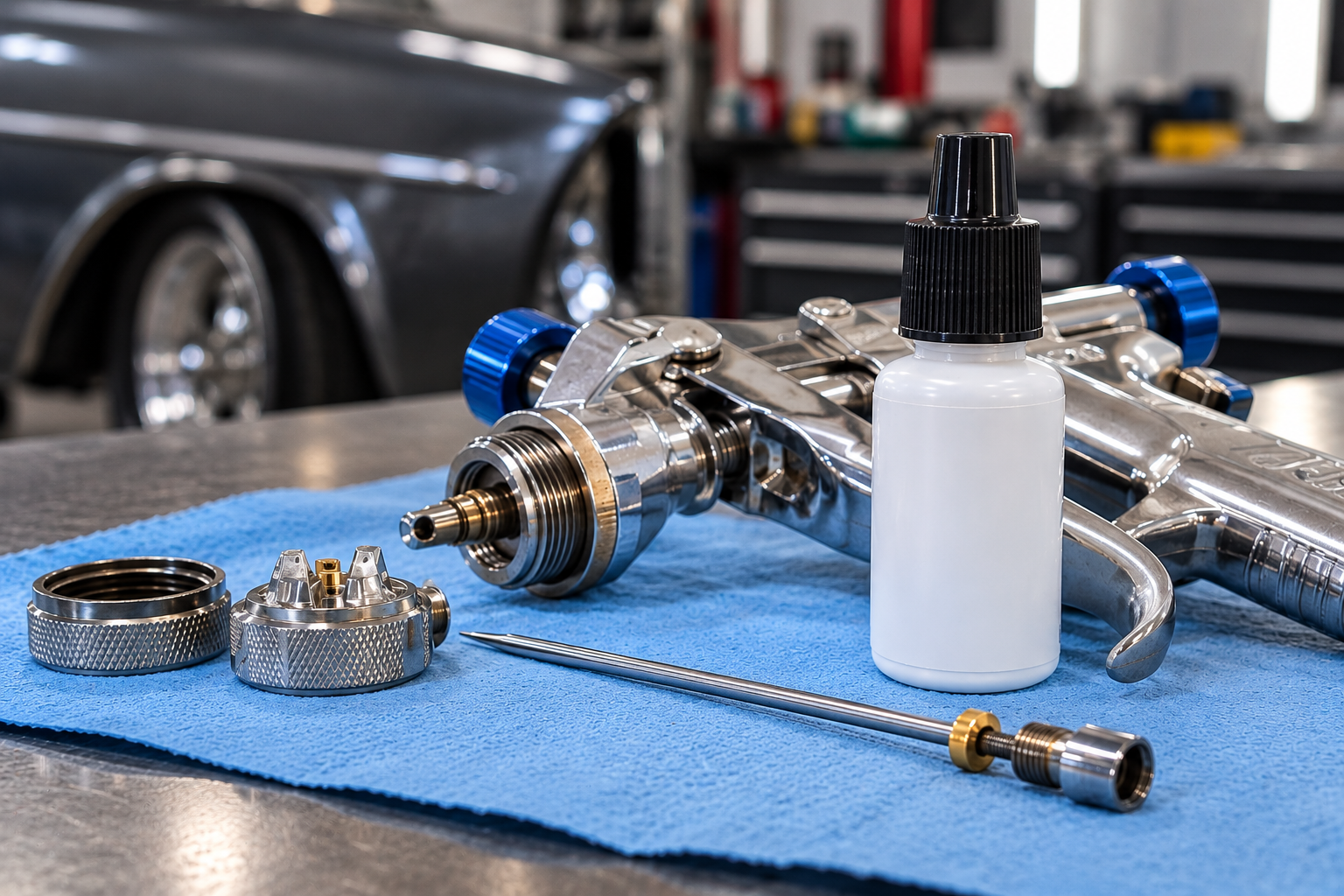 Disassembled automotive spray gun with fluid needle and lubricant bottle on a blue shop towel.