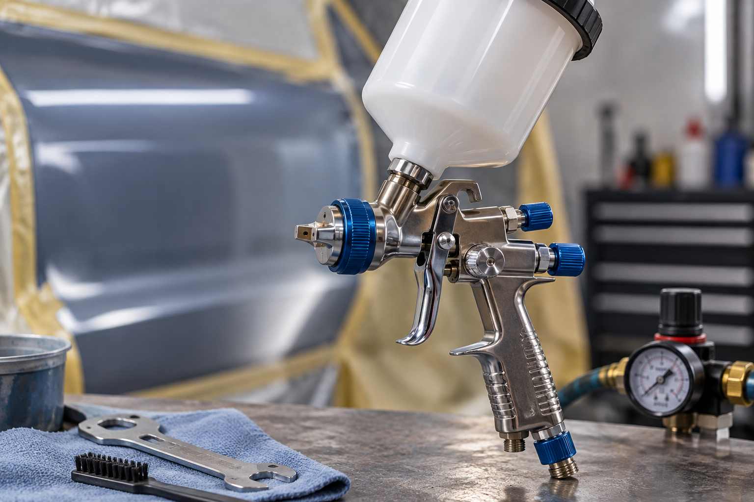 Automotive spray gun with air, fluid, and fan adjustments in a paint and bodywork shop.