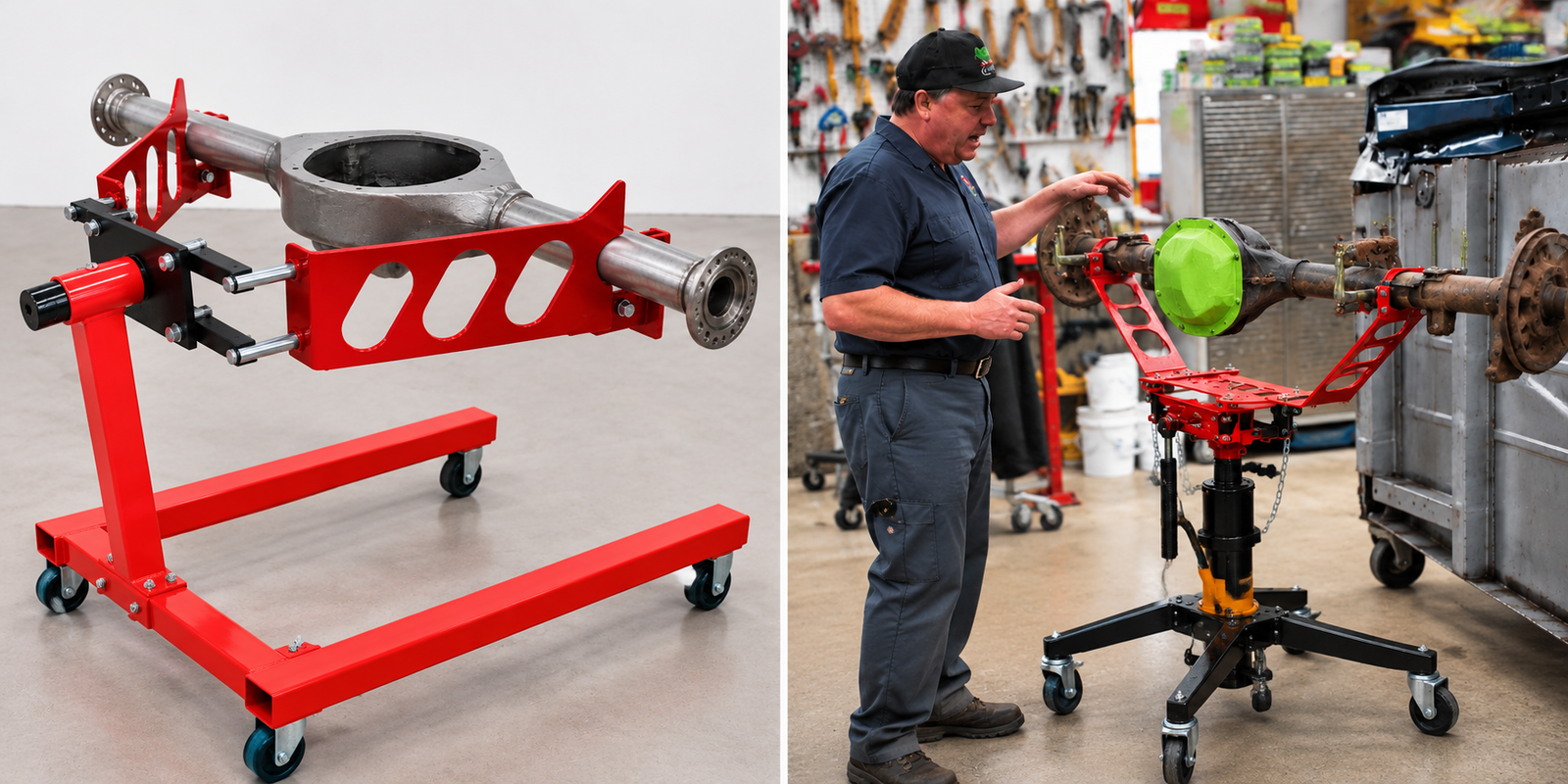 Allstar Performance rear axle stand brackets mounted on an engine stand and telescopic transmission jack for rebuilding and installing a rear end.