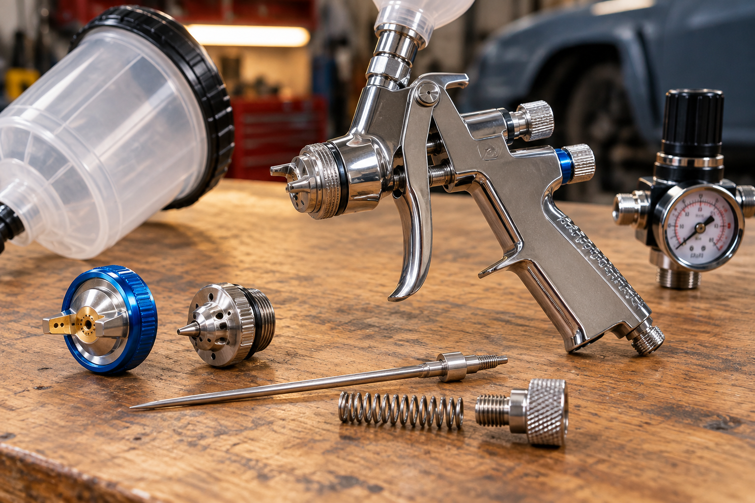 **Alt text:** Disassembled automotive spray gun with fluid nozzle, air cap, needle, spring, paint cup and air regulator arranged on a workshop bench.