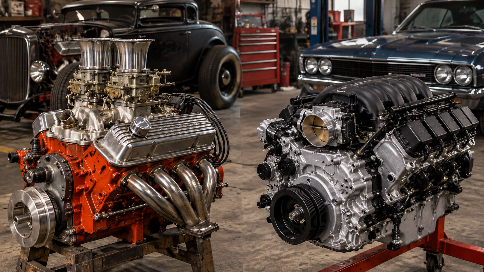 Traditional carbureted small-block Chevy V8 with dual carburetors beside a modern fuel-injected LS engine in a classic hot rod garage.