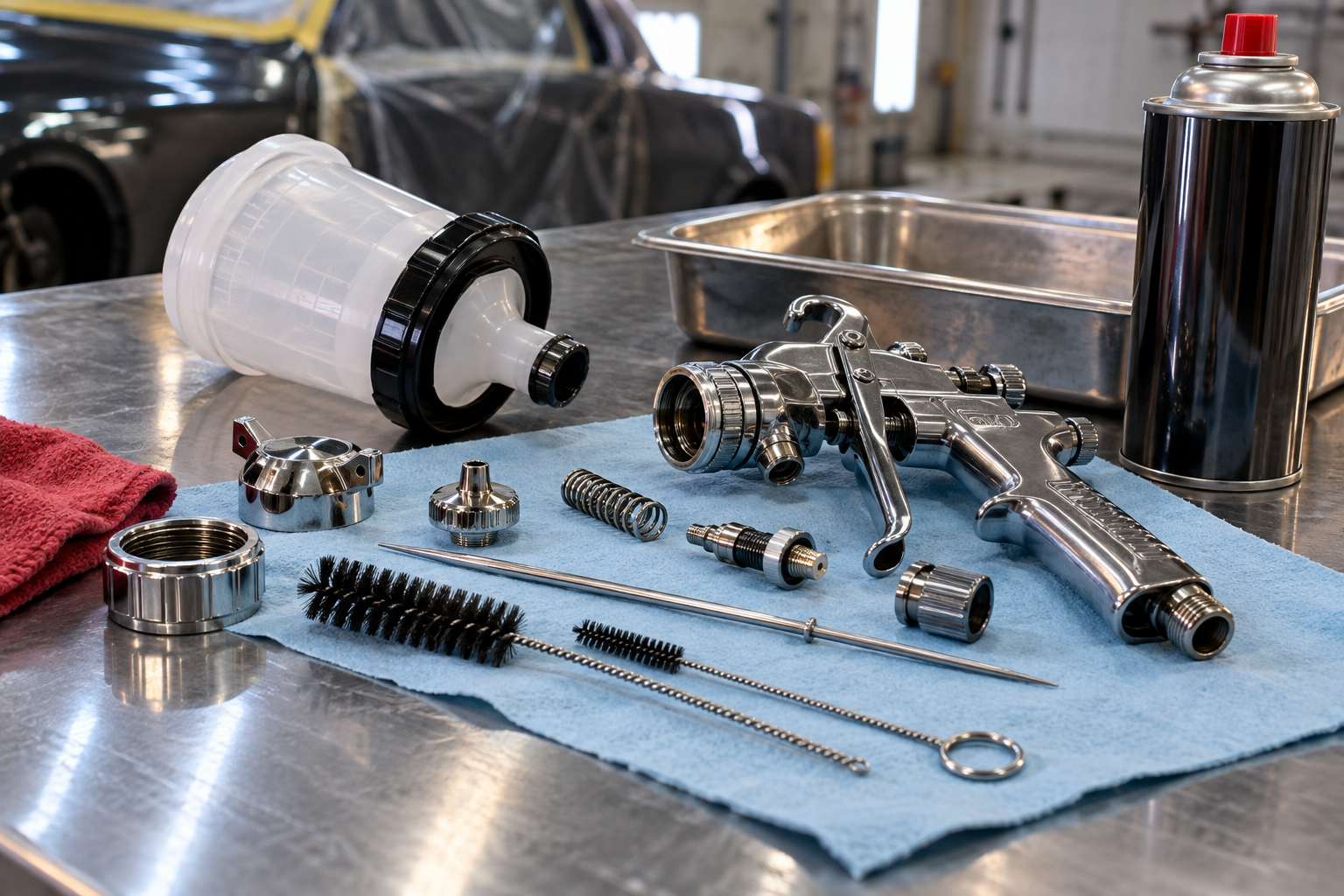 **Alt text:** Disassembled automotive paint spray gun with fluid needle, nozzle, air cap and cleaning brushes arranged on a workbench for cleaning and maintenance.