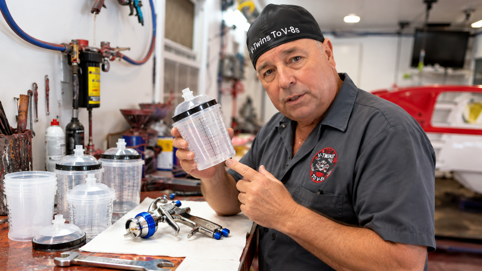 Troy Kane of V-Twins to V-8s demonstrates a disposable spray gun paint cup system in his automotive restoration shop, showing the clear mixing cup, disposable liners, and spray gun used for automotive painting.