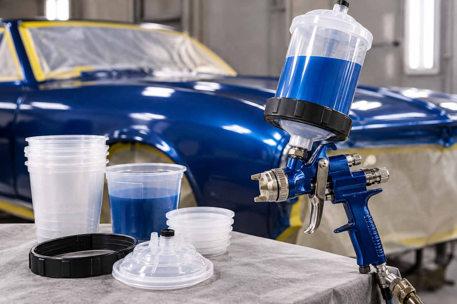 Blue automotive spray gun fitted with a disposable paint cup system, with replacement liners, lids, and locking rings on a workbench in front of a classic car being painted.