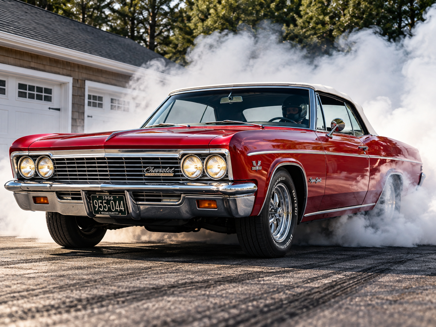 Red 1966 Chevrolet Impala SS convertible performing a stationary burnout with the front brakes held by a line lock and smoke rolling from the rear tires.