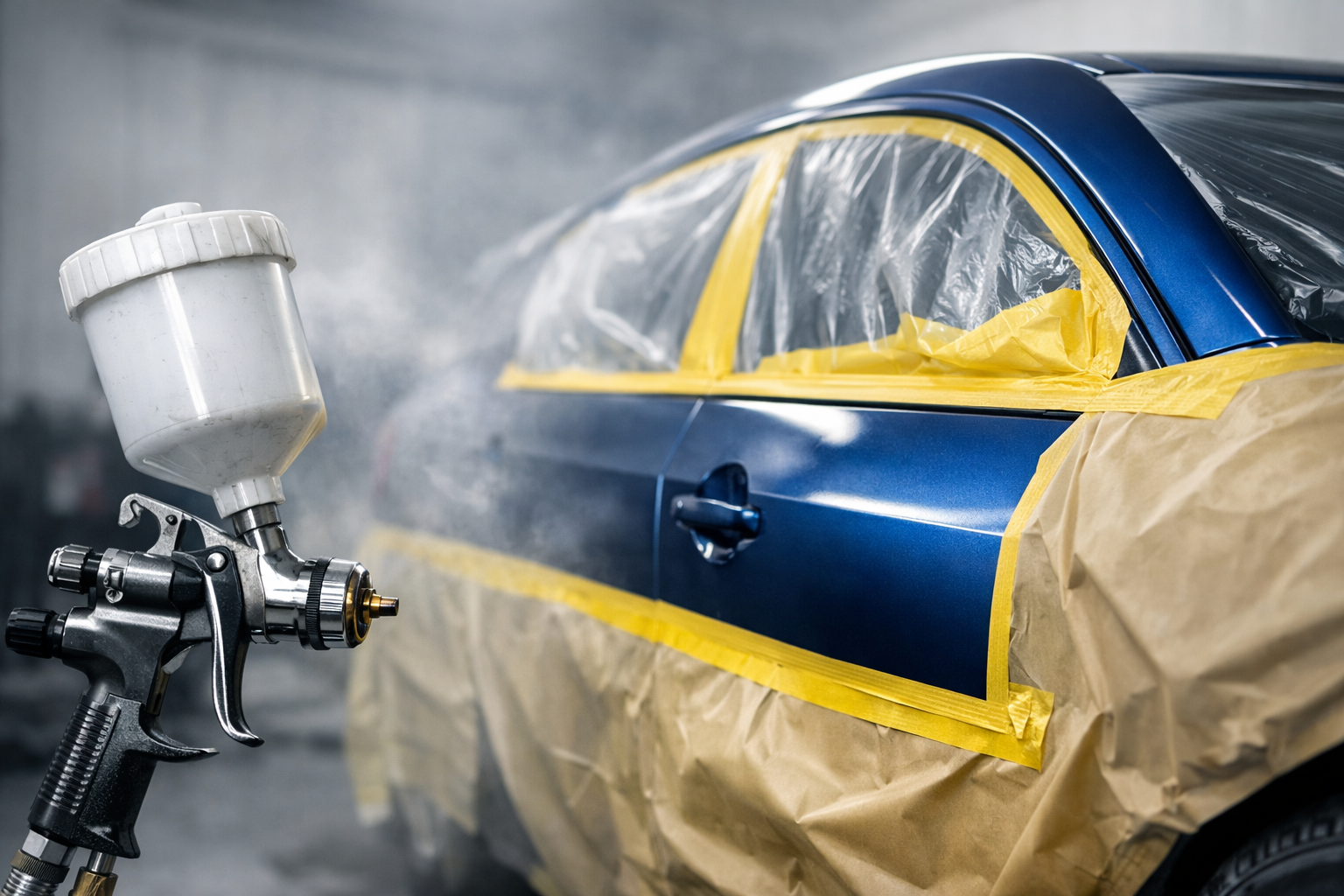 Automotive paint intercoat clear being applied over basecoat before tape-out