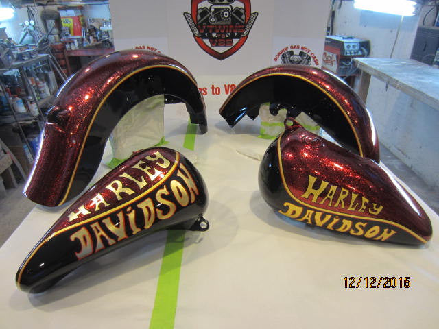 Harley Davidson Softail Custom Painted Candy Apple Red Flake Tank & Fender Set