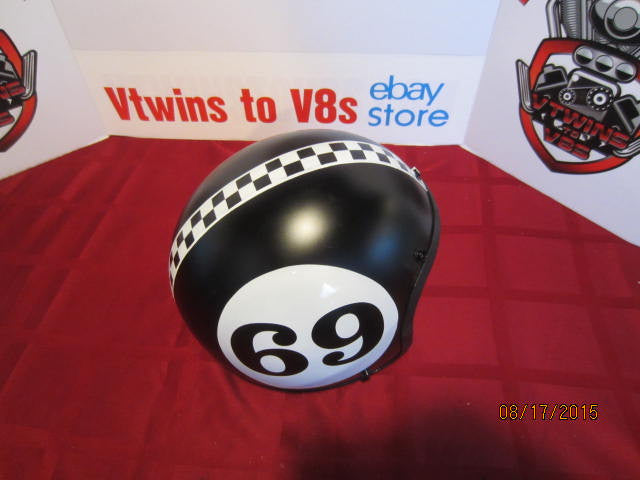 Vintage Custom Painted Helmet Hot Rod Black With &quot;69&quot; Logo &amp; Checker Stripe