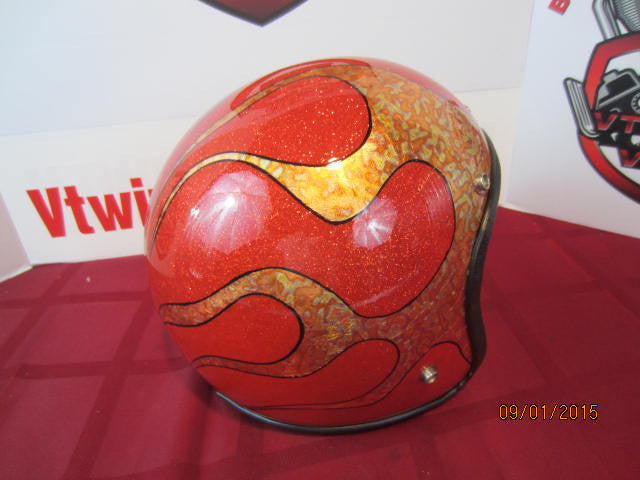 Vintage Orange Metalflake Helmet Old School Custom Gold Leaf Flames Hand Stripe