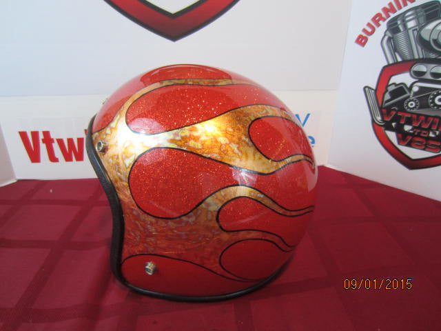 Vintage Orange Metalflake Helmet Old School Custom Gold Leaf Flames Hand Stripe