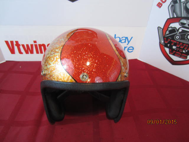 Vintage Orange Metalflake Helmet Old School Custom Gold Leaf Flames Hand Stripe