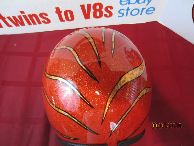 Vintage Orange Metalflake Helmet Old School Custom Gold Leaf Flames Hand Stripe