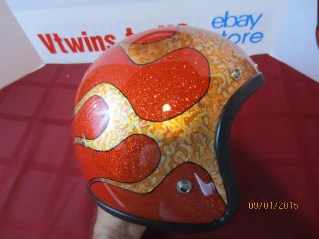 Vintage Orange Metalflake Helmet Old School Custom Gold Leaf Flames Hand Stripe