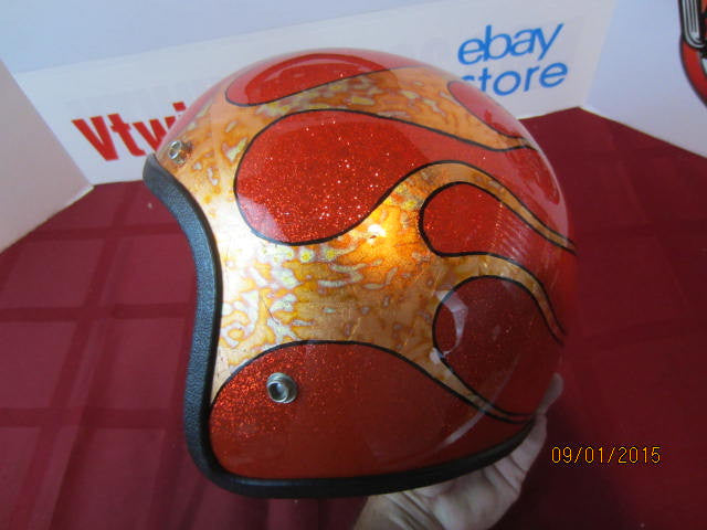 Vintage Orange Metalflake Helmet Old School Custom Gold Leaf Flames Hand Stripe