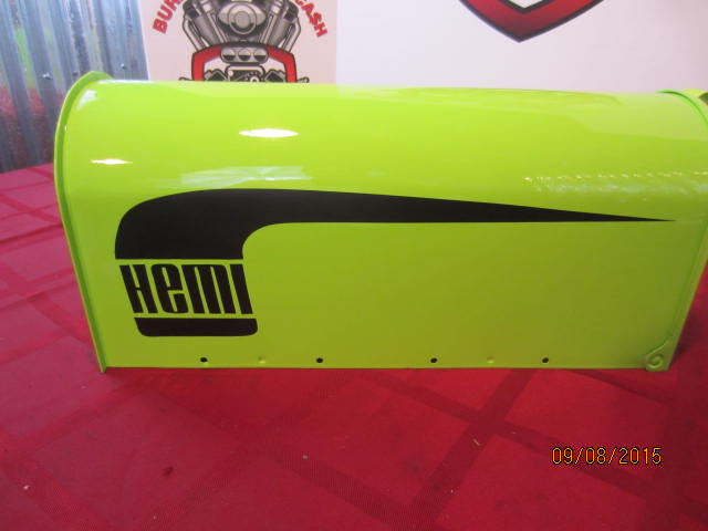 Custom Painted HEMI CUDA' Mailbox Sublime Green w/Black Hockey Stick Stripes