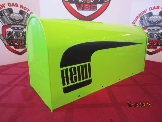 Custom Painted HEMI CUDA&#39; Mailbox Sublime Green w/Black Hockey Stick Stripes