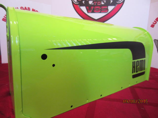 Custom Painted HEMI CUDA&#39; Mailbox Sublime Green w/Black Hockey Stick Stripes