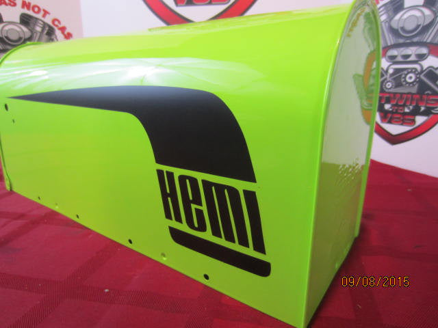 Custom Painted HEMI CUDA&#39; Mailbox Sublime Green w/Black Hockey Stick Stripes