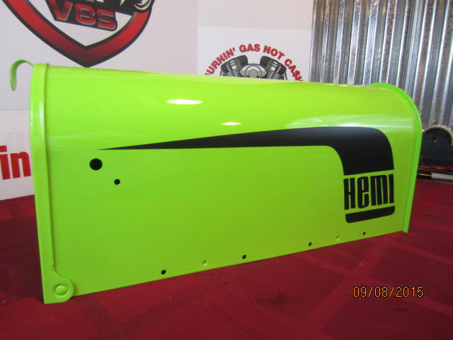 Custom Painted HEMI CUDA&#39; Mailbox Sublime Green w/Black Hockey Stick Stripes